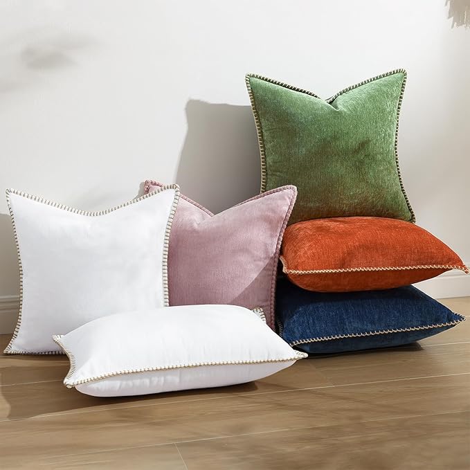 decorUhome Fall Chenille Soft Throw Pillow Covers 26x26 Set of 2, Farmhouse Velvet Neutral Decorative Euro Pillow Covers with Stitched Edge for Couch Sofa Bed Home Decor, Forest Elf