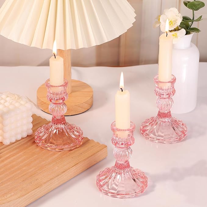 12PCS Pink Candlestick Holders Set- 4" H Taper Candle Holders, Glass Candle Holders Bulk for Wedding, Party, Home Table Centerpieces, Festival Gifts & Windowsill Decor