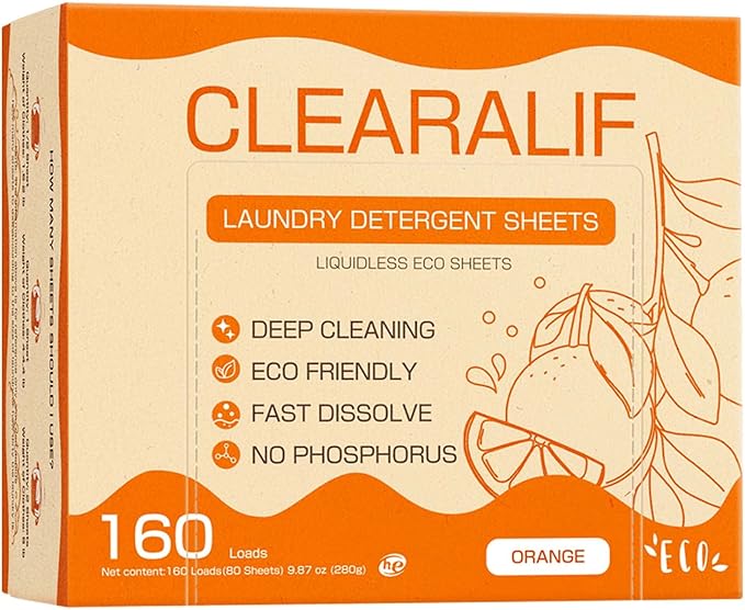 CLEARALIF Laundry Detergent Sheets Up to 160 Loads, Orange - Great For Travel, Apartments, Dorms,CLEARALIF Laundry Detergent Strips Eco Friendly & Hypoallergenic