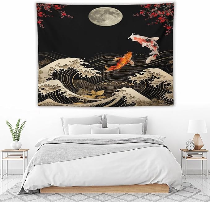 Houselerax Koi Fish Tapestry, Japanese Style Yin Yang Big Wave Cherry Blossom Tapestries Wall Hanging for Bedroom Living Room Office Decor 80"x60"