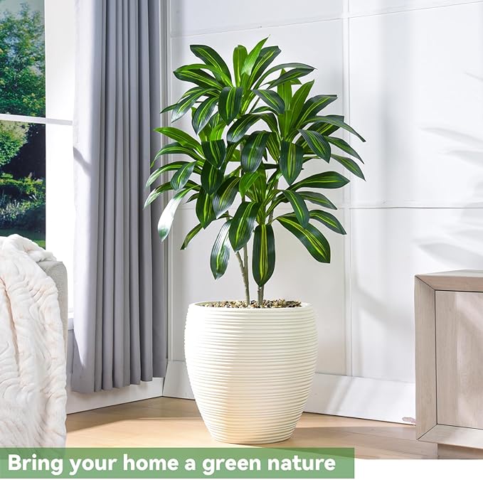Artificial Dracaena Tree Artificial Silk Tree Faux Tree with White Tall Planter Fake Tropical Yucca Floor Plant (2, White Planter, 4 FT)