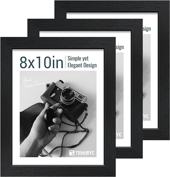 8x10 Picture Frame Set - 3 Pack, Textured Black Solid Wood, HD Tempered Glass, Gallery Photo Frame, Table or Wall Display