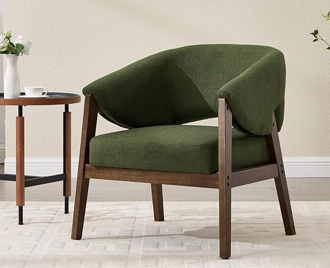 Mid-Century Modern Accent Chairs Set of 2, Comfy Barrel Armchairs with Wide Seat, Upholstered Lounge Chairs with Walnut Wood Legs for Living Room/Bedroom/Reading Corner, Linen Fabric, Deep Green