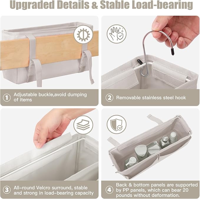 Bedside Caddy Organizer with Fixed Straps, Bunk Bed Caddy ideal for Home, Bunk Bed, Dorm, Hospital, Crib, Versatile Bedside Storage Solution (Beige)
