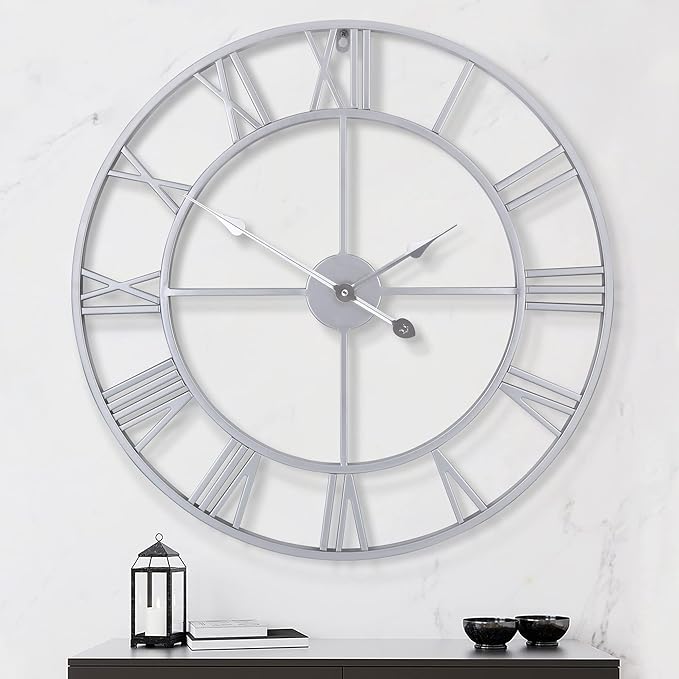 LEIKE 32" Large Modern Wall Clocks,Vintage,Round,Nearly Silent,Little Ticking,Battery Operated,Silver Metal Roman Numerals Clock for Living Room/Bedroom/Kitchen Wall Decor