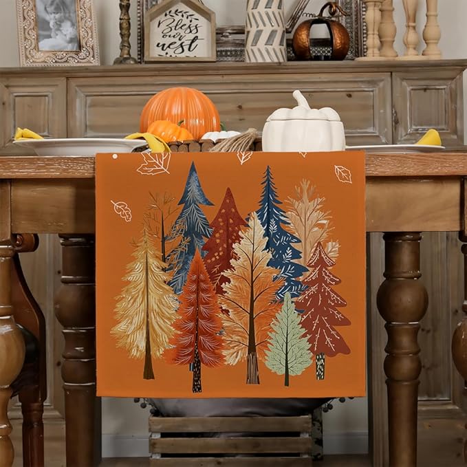 GEEORY Fall Watercolor Trees & Maple Leaves Table Runner 13x108 Inch, Rustic Farmhouse Autumn Thanksgiving Decor for Kitchen, Dining, Indoor/Outdoor Holiday Dinner Party Orange GT158-108