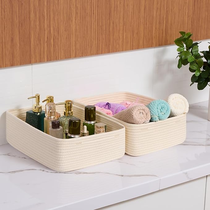 Large Shallow Organizing Baskets 15x11x5.1 Inches - Rope Woven Storage Bins for Bathroom, Shelves, Cube Closet, Beige 2 Packs