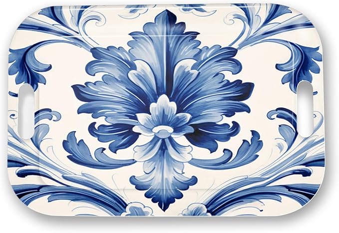 Serving Trays with Handles, 14.5 x 9.8 inch Rectangular Plastic Tray for Restaurant, Kitchen, Blue and White Pattern
