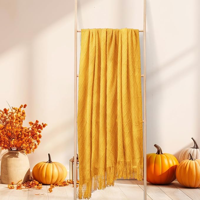 inhand Knitted Fall Throw Blanket for Couch and Bed, Knit Fall Decor Halloween Blanket with Tassel, Mustard Yellow Lightweight Decorative Farmhouse Warm Woven Blankets and Throws for Women, 50"x60"
