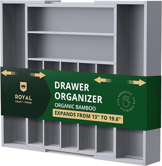 Luxury Bamboo Kitchen Drawer Organizer - Silverware Organizer - Utensil Holder and Cutlery Tray with Grooved Drawer Dividers for Flatware and Kitchen Utensils (9 Slot, Gray)