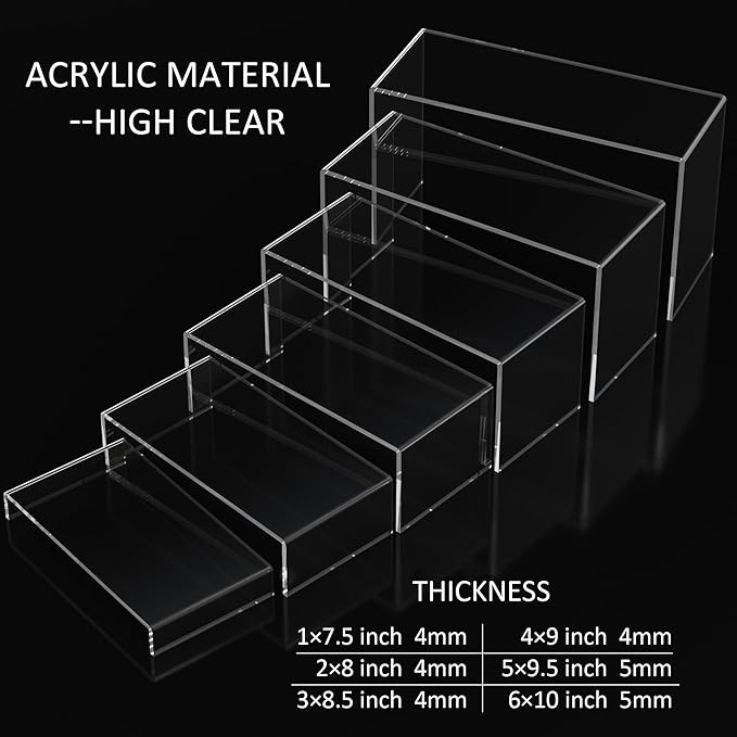 Acrylic Display Risers 6pcs, Clear Rectangular Display Organizer Stands, Acrylic Display for Funko Pop Figure, Desserts, Cupcake, Toys, Collectibles, Merchandises - 7.5''x8''x8.5''x9''x9.5''x10''
