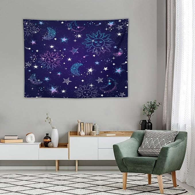 HZOHNAGO Boho Sun Moon Tapestry Purple Blue Sun Stars Galaxy Pattern Printed Wall Tapestry Wall Hanging for Bedroom Living Room Dorm 40" W x 30" H