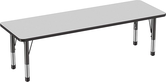 FDP Rectangle Activity School and Classroom Kids Table (24 x 72 inch), Chunky Toddler Legs, Adjustable Table Height 15-24 inches - Gray Top and Black Edge