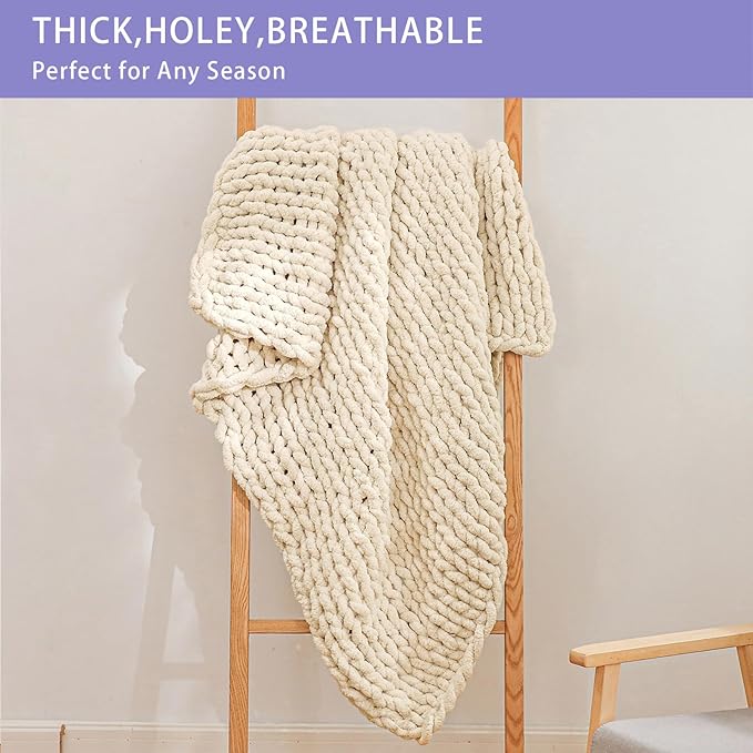 Bigacogo Chunky Knit Throw Blanket for Couch, 40x40 inches, 100% Hand Knitted with Thick Jumbo Chenille Yarn, Cozy Soft Large Rope Knot Cable Crochet Blankets for Sofa Bed Living Room, Beige