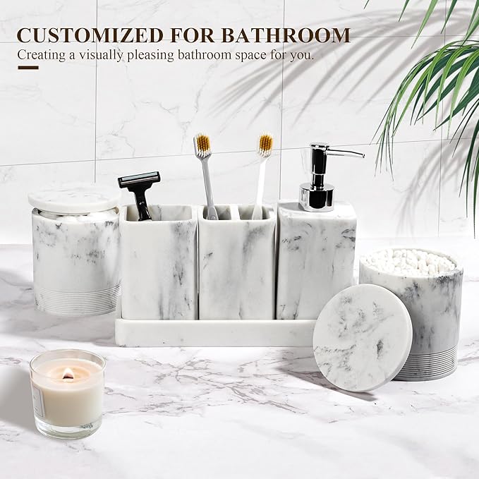 Bathroom Accessories Set, 6 Piece Bathroom Set with Toothbrush Holders, Soap Dispenser, Vanity Tray, Tumbler, Cotton Swab Jars, Bathroom Organizer，Bathroom Sink Sets, Artificial Marble White