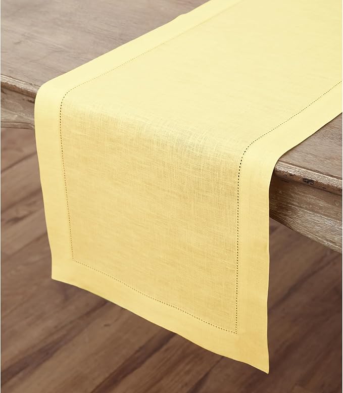 Solino Home Linen Yellow Table Runner 60 Inches - Classic Hemstitch, 100% Pure Linen Coffee Table Runner 14 x 60 Inch Ideal for Dresser Tables