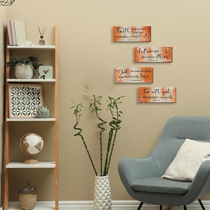 FENCORDAR 4 Pieces Orange Bathroom Decor Bible Verses Decor Wooden Orange Wall Decor Abstract Office Christian Wall Decor Religious Art for Women Office Home Bedroom Living Room Decor(10x4)