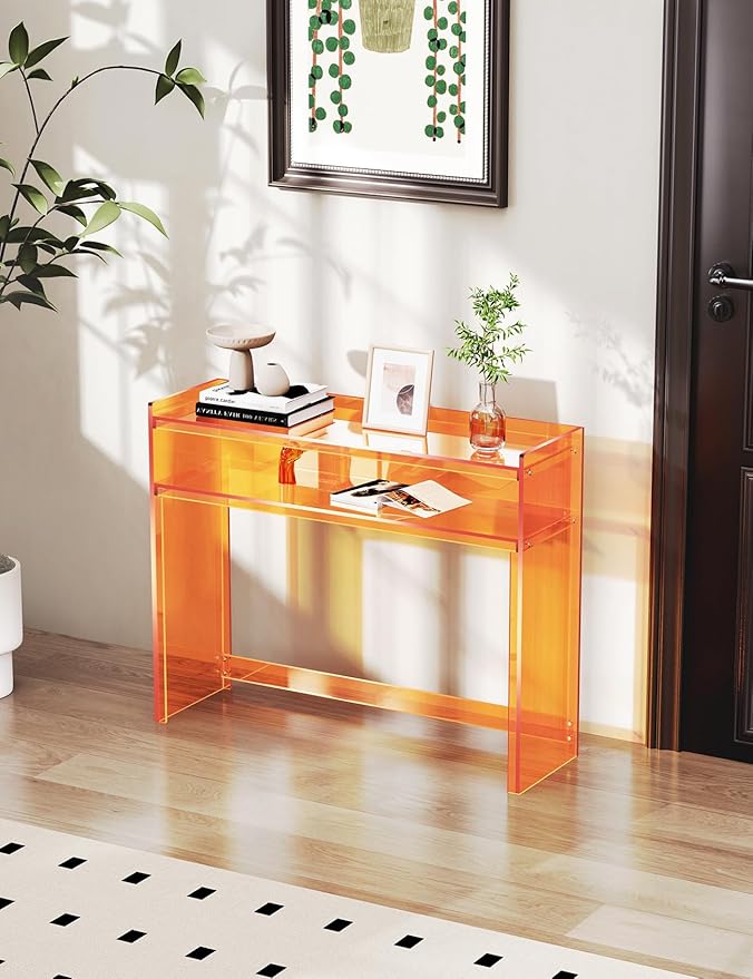 Acrylic Console Table, Entryway Table with Storage Shelves (1, 39.4 * 31.5 * 11.7 inches) (Orange)