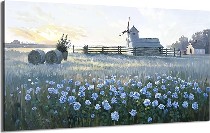 amatop Oversized Farmhouse Wall Art – Botanical Picture Flower Blue Rose & Windmill Countryside Scene Canvas Print, Large Floral Landscape Artwork Decor for Living Room Dining Room Hallway 58x29 Inch