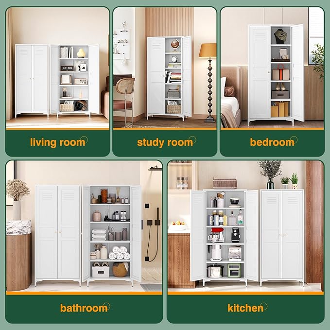 Letaya White Storage Cabinet with Feets-Metal Home Kitchen Pantry Cabinets with Doors and Adjustable Shelves,Organization Locker for Cupboard/Bedroom/Dining/Living/Bathroom/Office/Garage Room (White)