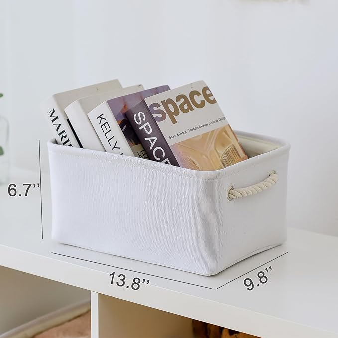TheWarmHome Decorative Basket for Organizing - Medium-1Pack 13.8L*9.8W*6.7H Rectangular Fabric Storage Bin Organizer Basket with Handles for Clothes (White)