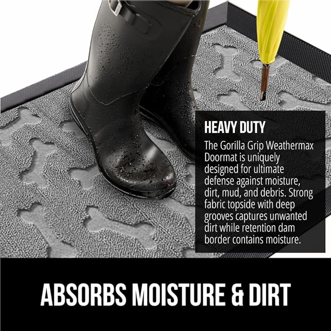 GORILLA GRIP 100% Waterproof All-Season WeatherMax Doormat, 47x35, US Designed Natural Rubber, Stain and Fade Resistant, Low Profile Indoor Outdoor Door Mats, Easy Clean Patio Mat, Light Gray Bones