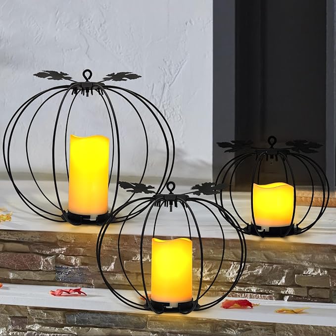 Halloween Metal Pumpkin Candle Holder, 3 Pcs Light up Black Pumpkin Lantern with LED Flickering Yellow Candle Lights Build in Timer for Thanksgiving Halloween Harvest Fall Home Decor