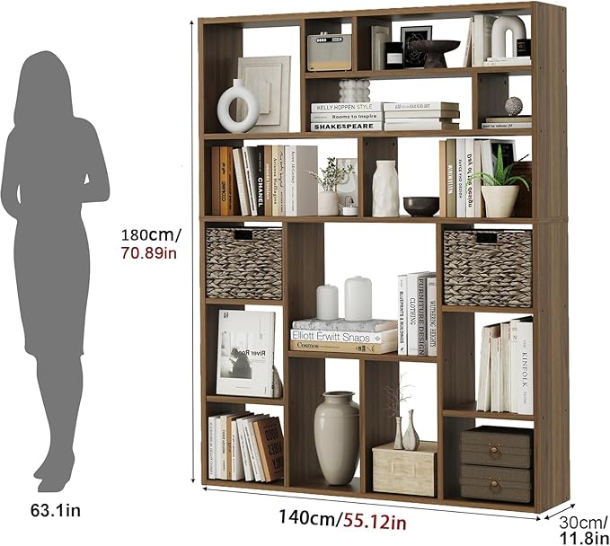 71” Tall Wooden Bookcase 6-Tier Large Bookshelves with 2 Woven Baskets, 55" Wide Floor Standing Wood Display Organizer Shelves for Living Room（Brown）