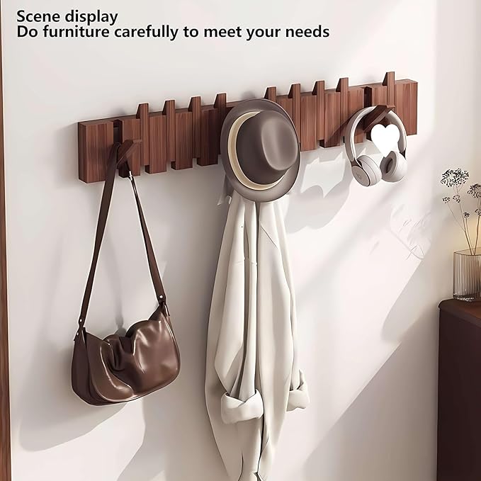 Wall Mounted Piano Key Hanger | Flip Style Hook | Entrance Wall Art Hook, Made of Oak Wood (3 Times Painted, 4 Times Polished) (Walnut, 6Hooks)