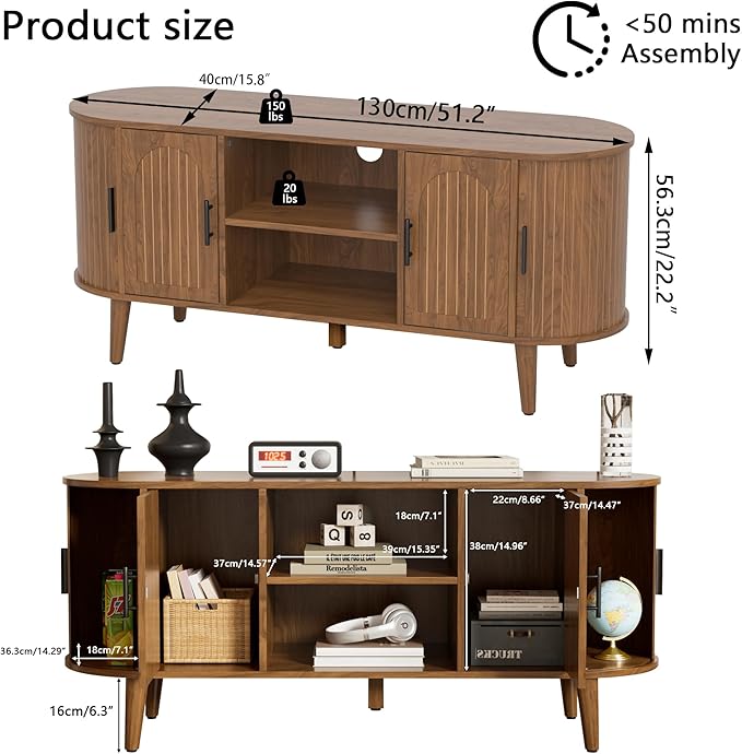 51" Fluted TV Stand, Mid-Century Modern Entertainment Center for Tvs up to 60" with Drawers and Fluted Doors, Curved TV Media Console Table with Sliding Doors for Living Room, Bedroom (51")