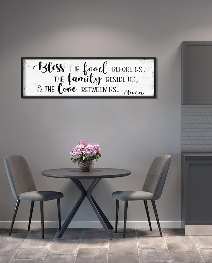 Bless the Food Before Us Wall Decor: Farmhouse Rustic Kitchen Signs Wall Decor Framed Hanging Wall Plaques 12" x 40",Inspirational Quotes The Family Beside Us Signs