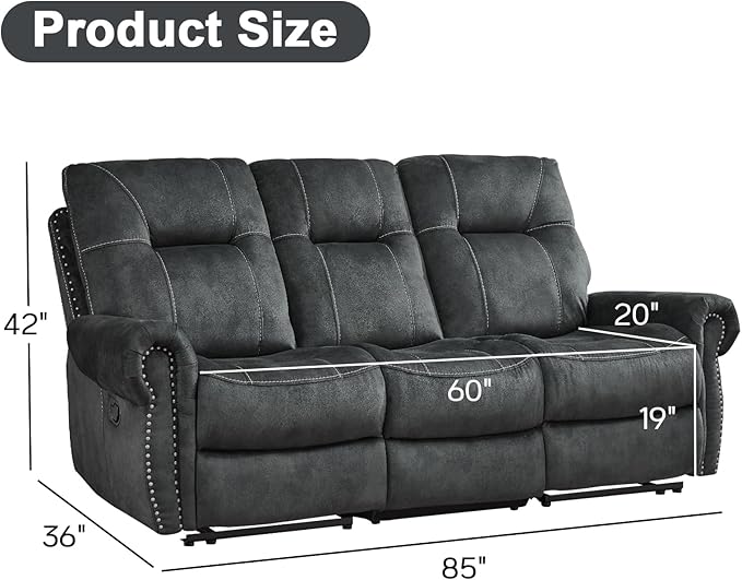 EBELLO Manual Recliner 3 Seat Sofa Couch, Soft Fabric 3 Seater Reclining Couch Chair, Vintage Rivet Mid-Century Design Furniture for Living Room, Meeting Room, Grey