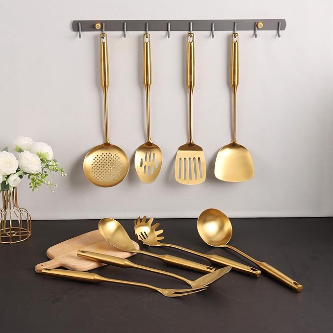 Gold Kitchen Utensils Set - 18/10 Stainless Steel Cooking Tools, 15" All Metal Serving Utensils with Fork, Solid/Slotted Spoon, Spatula, Ladle, Skimmer, Tunner, Pasta Spoon, Large Spoon, Set of 9