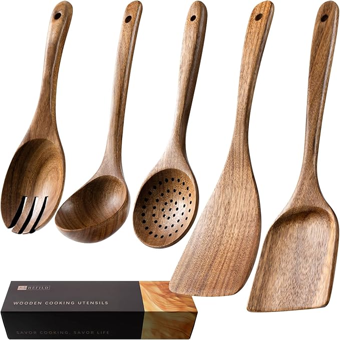 Wooden Spoons for Cooking, Nonstick Cooking Utensil Set with 5 Piece Acacia Wooden Spatulas and Spoons for Cooking, Terrific for Everyday Kitchen Tasks