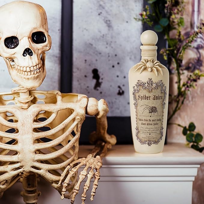Braxio Witch Potion Bottles for Halloween Décor - White Spider Resin Magic Potion Bottles with Black Web Design, White Spider Decoration, for Shelf Table Party(3x3x10 Inches)
