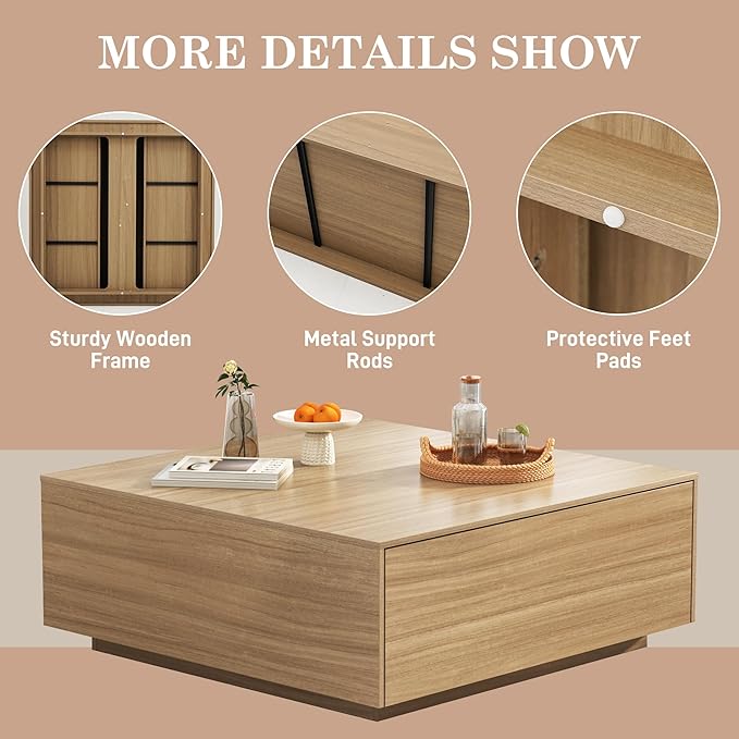 43” Square Coffee Table with Storage, 43" D x 43" W x 17" H Modern Large Square Center Table with 2 Drawers, Wood Coffee Table for Living Room, Light Brown,Bedroom,Light Brown