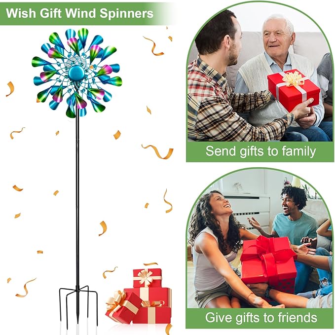 60'' Wind Spinner with Color Glass Ball Solar Lights, Green Peacock Feathers Metal Garden Outdoor Decor Yard Lawn Art Decor for Patio Kinetic Windmills Unique Gifts for Friends and Family