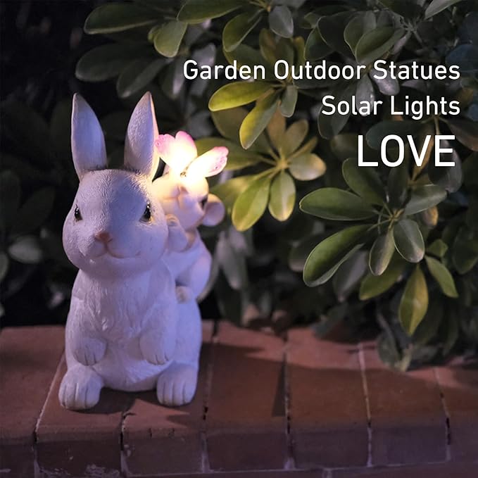 Solar Garden Statues Rabbit with Solar Lights,Mother&Baby Bunny Figurine with Butterfly Changing Lights for Yard Art Garden&Patio Decor,Unique Easter&Birthday Gifts for Women Mom Grandma