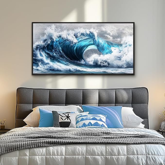 PHAOHUAXM Blue Wave lPaintings Wall Art For Living Room Wall Decor For Bedroom Ocean Inspiration Wall Pictures Office Decor Posters Modern Printing Canvas Artwork Home Decor Black Framed 20x40 In