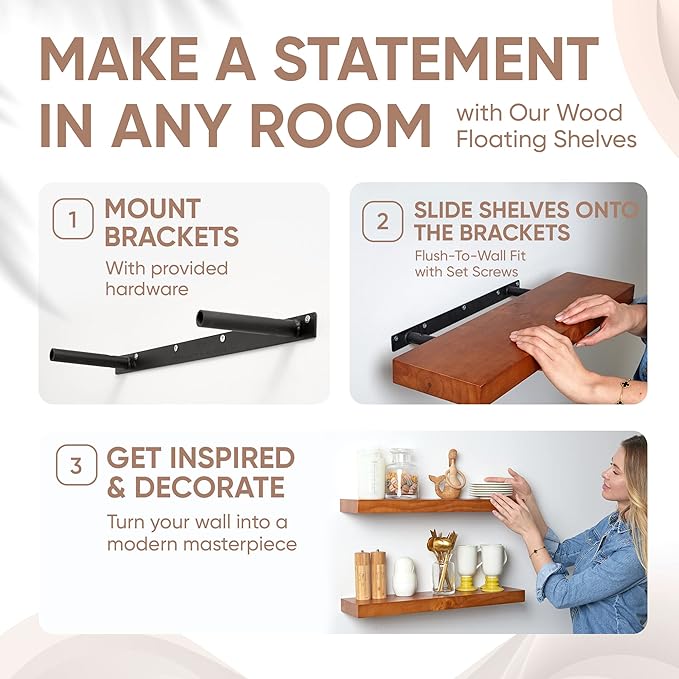 Homeforia 24inch Oak Floating Shelf for Wall, High End Solid Real Wood 24 inches Long Floating Shelves for Bathroom, Honey Oak Wooden Floating Shelves, Heavy Duty Bracket, 24 X 6.5 X 1.75 in, Set of 4