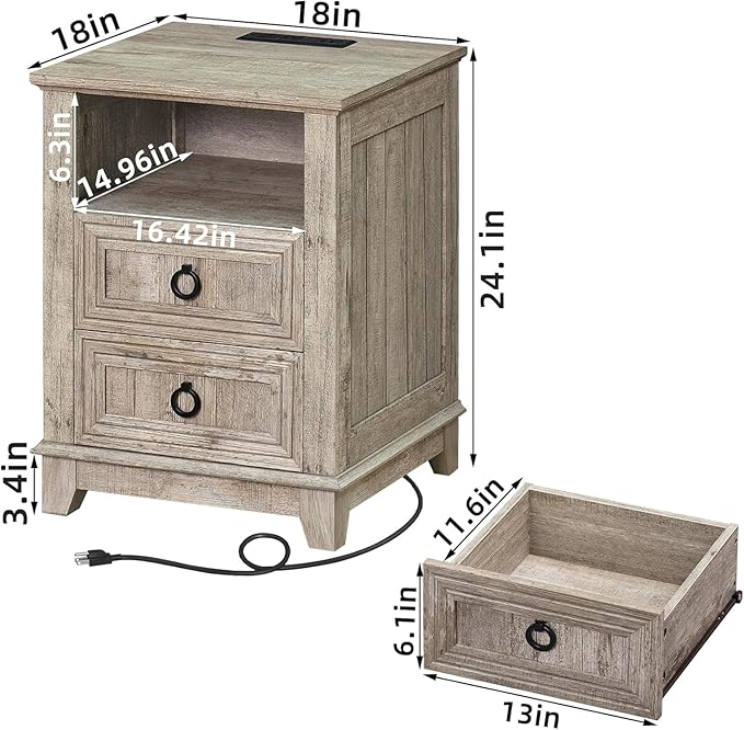 18" Farmhouse Night Stands Set of 2 with Charging Station, 2 & 3 Drawers End Table Dresser for Bedroom, Oak Wooden Nightstand, Bed Side Table with Open Shelf, Bedside Cabinet for Living Room