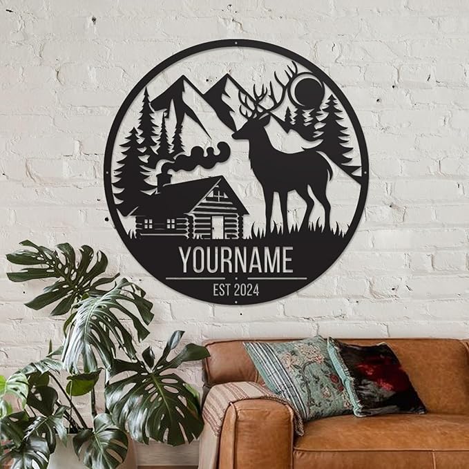 Personalized Deer Forest Name metal Signs,Custom Shed Metal Wall Decor,Black Deer Metal Wall Art Decor,Deer Home Metal Signs Plaques,Outdoor wall Decorative Signage (Style B)