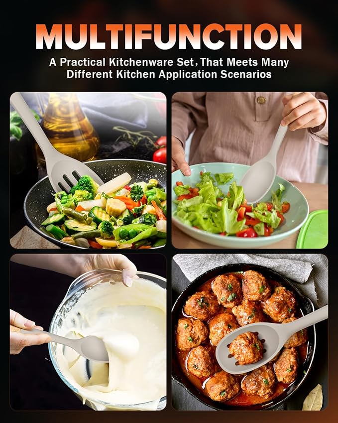 Silicone Cooking Spoons, Great for Scooping Sides and Serving Hearty Stews, BPA-Free Matte Silicone, Wooden Handle Serving Spoon for Nonstick Cooking Surfaces (Khaki)