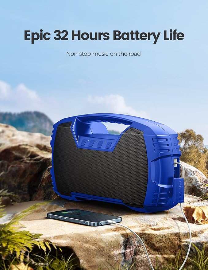 Houl Zallee IPX7 Waterproof Bluetooth Speaker, 40W (60W Peak) Portable Wireless Speakers, 32H Playtime, Stereo Loud Sound, Deep Bass, Bluetooth 5.0, Built-in Mic for Camping, Party, Gifts, Beach-Blue