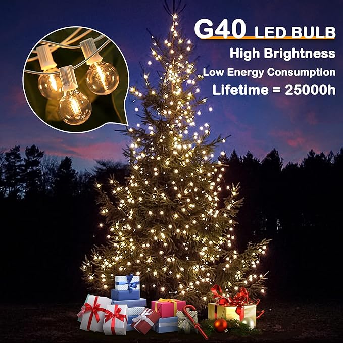 50FT LED G40 Globe String Lights White, Shatterproof Outdoor Patio String Lights 2200K with 50+2 Dimmable Edison Bulbs, Backyard Outdoor Hanging Lights, Bistro Waterproof for Balcony Party Wedding