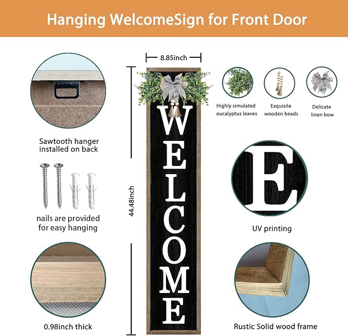 Surfapans Welcome Sign for Front porch Standing 45"X9"Large Wood Frame Outdoor Tall Welcome Signs Vertical Decor for Farmhouse Rustic Home Modern Outside Front Door Wall Decorations (Wood Black)
