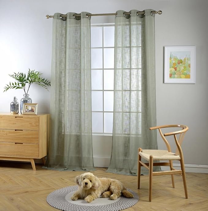 MIUCO Semi Sheer Curtains Poly Linen Textured Solid Grommet Curtains 95 Inches Long for Bedroom 2 Panels (2 x 37 Wide x 95" Long) Sage