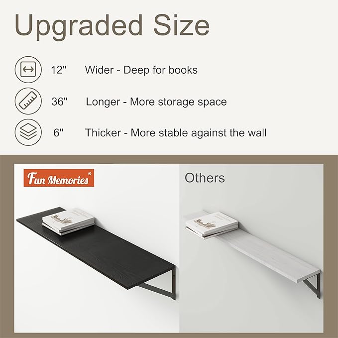 36"W x 12"D Floating Shelves, Black Deep Floating Shelves for Wall with Brackets, 12 Inch Deep Wall Shelves for Books, Wide Display Storage Shelves for Bathroom, Living Room, 36 Inch Long, Set of 2