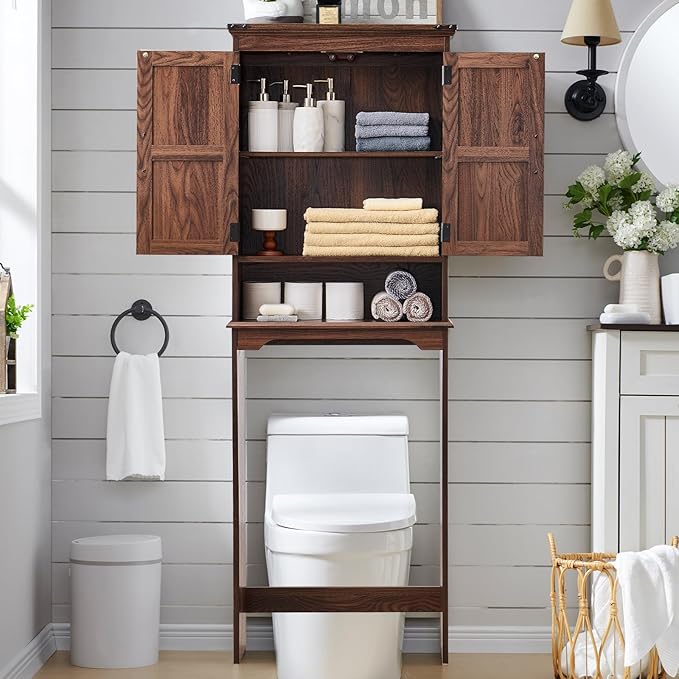 Over The Toilet Storage Cabinet, Farmhouse Bathroom Cabinet with Adjustable Shelf & Barn Door, 67" Tall Over The Toilet Shelf, Brown