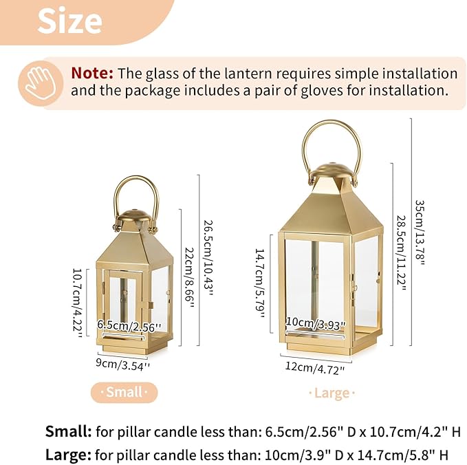 NUPTIO Gold Lanterns Decorative Indoor: 8.6 Inch Tall Metal Lantern with Glass for Pillar Candle - Fireplace Decor for Christmas Home Living Room Mantle Porch Wedding